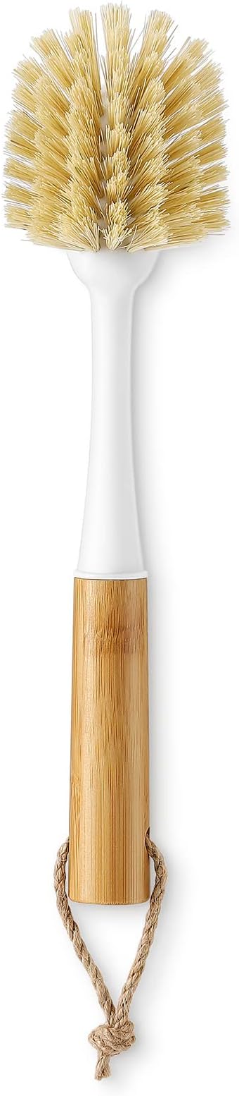 SUBEKYU Dish Brush with Bamboo Handle, Kitchen Dish Scrubber Built-in Scraper, Scrub Brush for Cleaning Pans/Pots/Sinks, Sisal Bristles, 2P
