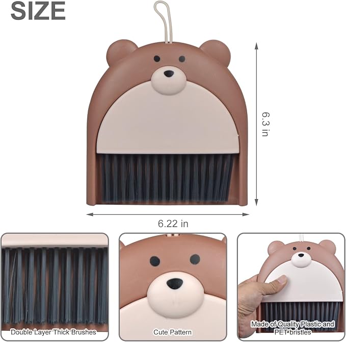 Mini Broom and Dustpan Set 6.2x6.3 Inches Compact Hand Broom for Desktop Table Countertop Car Office Kitchen Small Space Cleaning (Brown)