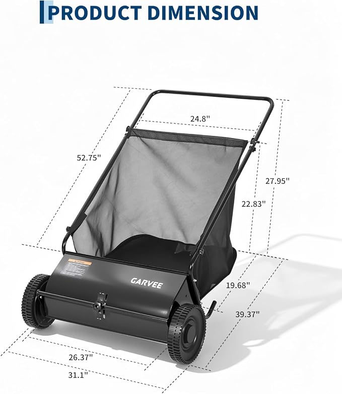 26 Inch Push Lawn Sweeper, Garden Lawn Sweeper Leaf and Grass Collector with 7 Cu.ft Mesh Bag, Adjustable Brush Height and 4 Spinning PP Brushes, Yard Sweeper for Leaves Grass Cleanup | with 7 Cu.ft Mesh Bag, Adjustable Brush Height and 4 Spinning PP B...