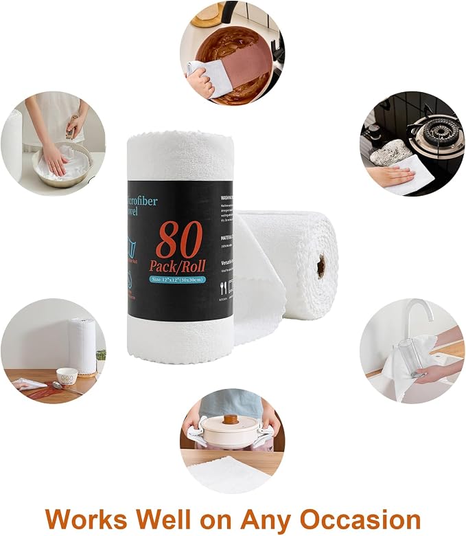 80 Pack Microfiber Cleaning Cloth Roll,Lint Free Rags & Tear Away Reusable Towels Washable Scratch,Ultra Absorbent Dish Rags(12" x 12") for Car Kitchen Home Garage-White