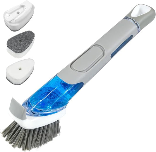Dish Brush with Soap Dispenser & 3 Pack Dishwashing Sponge Refills Non Scratch, Dish Cleaning Scrubber Set with Handle for Household Usage Kitchen Sink Pot Pan Large Glass Cup - Grey