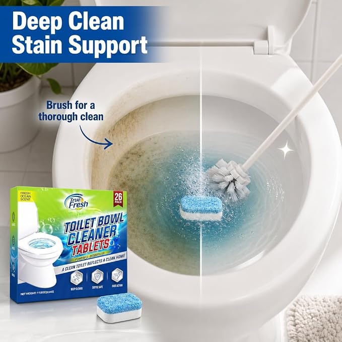 True Fresh Toilet Bowl Cleaner Tablets 26 Pack Deodorizer & Septic Safe Deep Cleaning, Odor Eliminator, Stain Remover for Long-Lasting Freshness Fresh Ocean Scent