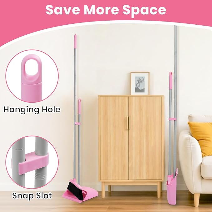 REEWII Pink Broom and Dustpan Set,58” Long Adjustable Handle Small Broom with Stand up Dustpan Combo Set with Dust Pan Teeth,for Indoor Home Office Floor Cleaning