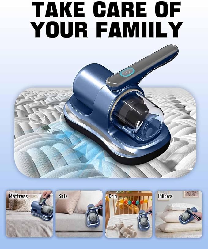 Cordless Mattress Vacuum Cleaner with UV Light Handheld Bed Vacuum with Ultrasonic & Heating Tech, 2 HEPA Filters, Strong Suction for Mattress, Sofa, Carpets, Pet Hair (Blue)