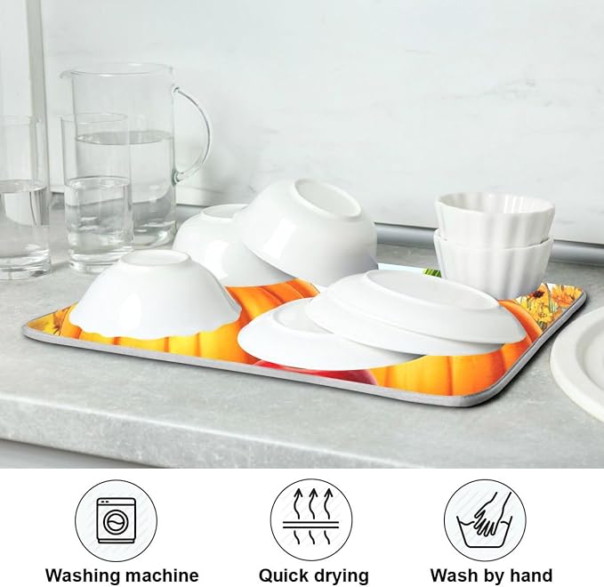 Autumn Thanksgiving Day Pumpkins Maple Dish Drying Mat for Kitchen Counter 16 x 18 Inch Flowers Dragonfly Leaves Dry Dishes Pads Mats Absorbent Countertops Counter Tableware Mat Protector Home Decor