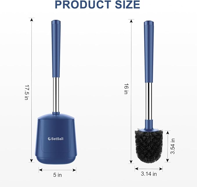 SetSail Toilet Brush and Holder 3 Pack, Self Closing Lid Toilet Bowl Brushes Holder Extra Long Handle Ventilated Toilet Brush Set for Bathroom Cleaning, Nylon Bristles, Dark & Blue