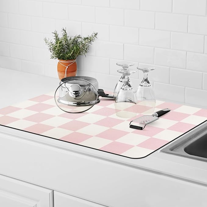 Dish Drying Mat for Kitchen Counter,16"x 24" Super Absorbent Kitchen Dish Drying Pad, Heat Resistant Drainer Mats with Non-slip Rubber Backed, Pink Checkered Coffee Bar Station Accessories