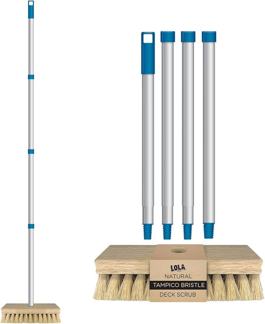 LOLA Deck Scrub Brush, 9" x 3.5" Head w/Tampico Bristles for Outdoor Cleaning, Removes Dirt & Grime from Patios, Decks, Grout, 1 Count