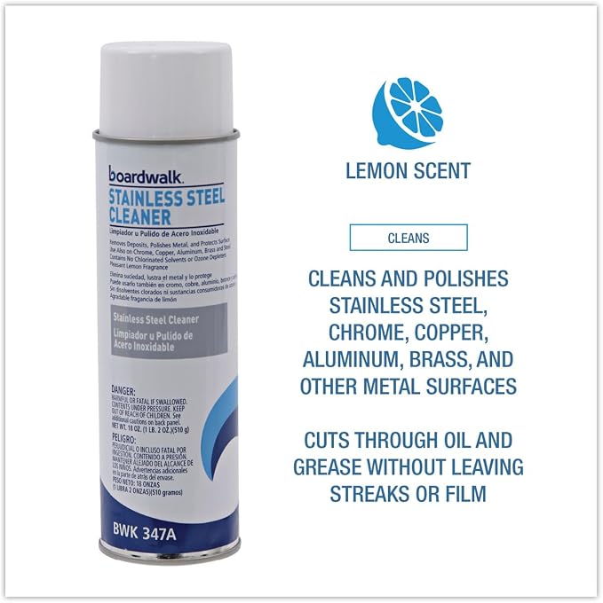 Boardwalk Stainless Steel Cleaner and Polish, Lemon, 18 oz Aerosol Spray, 12/Carton