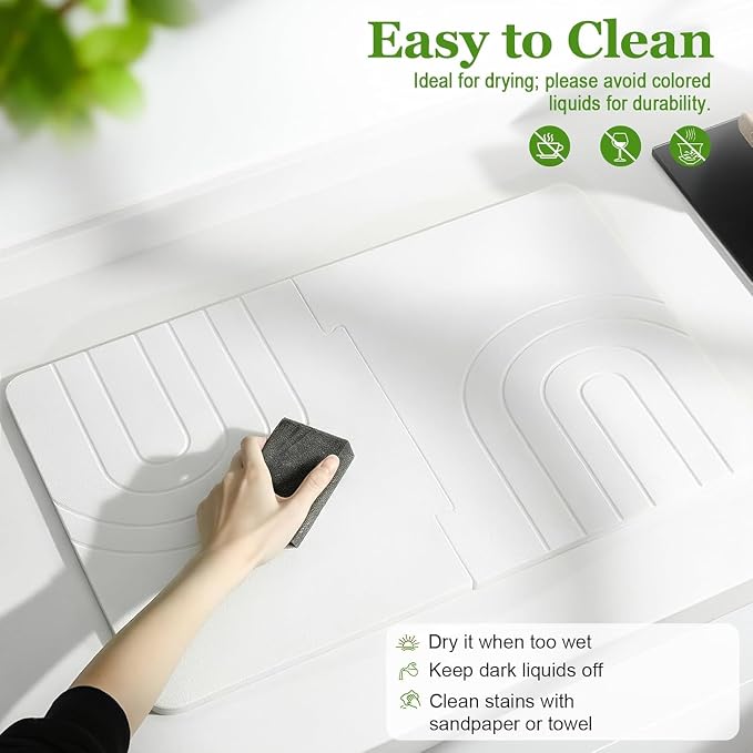 Luxspire Large Stone Drying Mat for Kitchen Counter 24"x16"- Fast-Absorbing Dish Drying Mat Non-Slip Stone Dish Drying Mat for Dishes, Cups Waterproof Counter Protector for Kitchen Bathroom, White