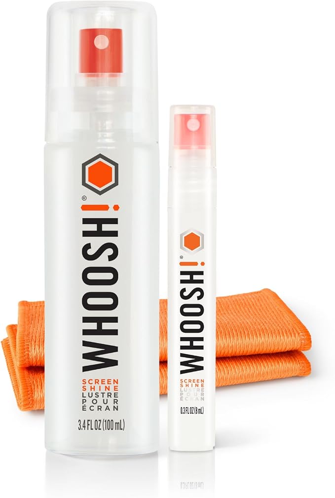 WHOOSH! Laptop Screen Cleaner Spray and Wipe [Set of 12] - 3.4 + 0.3 fl oz + 2 Microfiber Cloths - Duo with Large & Travel Size Bottles for Eyeglass Cleaner & Car Screen Cleaner- iPhone Cleaning Kit