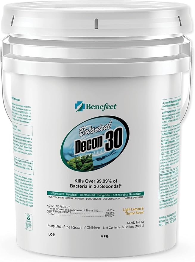 Benefect Botanical Decon 30 Disinfectant Cleaner, Light Lemon & Thyme Scent, 5 Gallon Pail