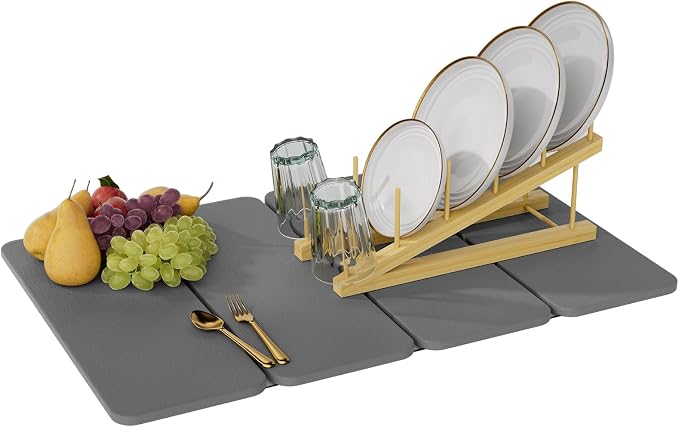 Stone Dish Drying Mat for Kitchen Counter, 24x16 Inch Super Absorbent Diatomaceous Earth Dish Drying Mat with Bamboo Dish Rack, Collapsible Fast Dry Drying Mat for Utensils Dishes Cups