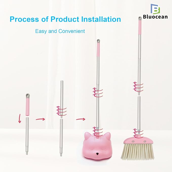 28'' Kids Mini Broom and Dustpan Set - Toddler Cleaning Toy, Toddler Household Helper, Parent-Child Interactive Play Cleaning Tool, Cute Cartoon Design, Small Safe Corner Broom (Pink)