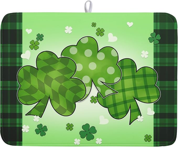 St Patricks Day Shamrocks Lucky Clovers Dish Drying Mat for Kitchen Counter St Patrick's Day Decorative Drying Pad 18x24 Inch Irish Green Buffalo Check Plaid Drying Dish Mats for Countertop Coffee Bar