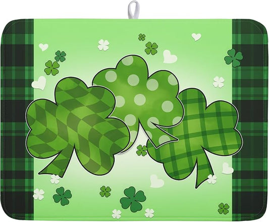 St Patricks Day Shamrocks Lucky Clovers Dish Drying Mat for Kitchen Counter St Patrick's Day Decorative Drying Pad 18x24 Inch Irish Green Buffalo Check Plaid Drying Dish Mats for Countertop Coffee Bar