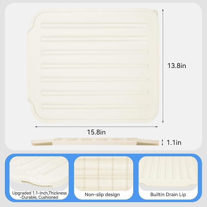 Silicone Dish Drying Mat, Drainage Spout, Extra Thick | Extra Thick 1.1" Silicone Mat , Drainage Spout , Heat Resistant Counter Protector , Sink & Coffee Station Use