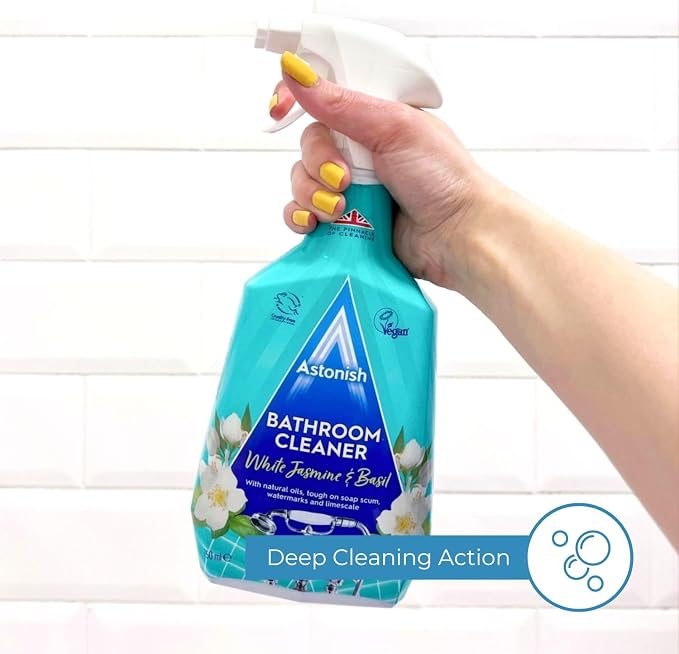 Astonish Streak Free Foaming Bathroom Cleaner Spray Bottle - Deep Cleaning White Jasmine & Basil Scented Spray For Soap Scum, Watermarks & Limescale - Cruelty Free Household Cleaning Supplies, 750 ml