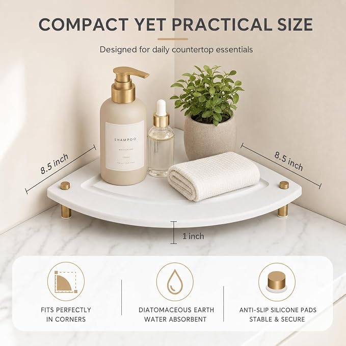 Corner Counter Shelf, Water Absorbing Stone Drying Tray Mat for Kitchen & Bathroom Sink, Diatomaceous Gold Faucet Coaster Soap Dish Rack Riser Dispenser Sponge Holder, Beige, 8.5" x 8.5"