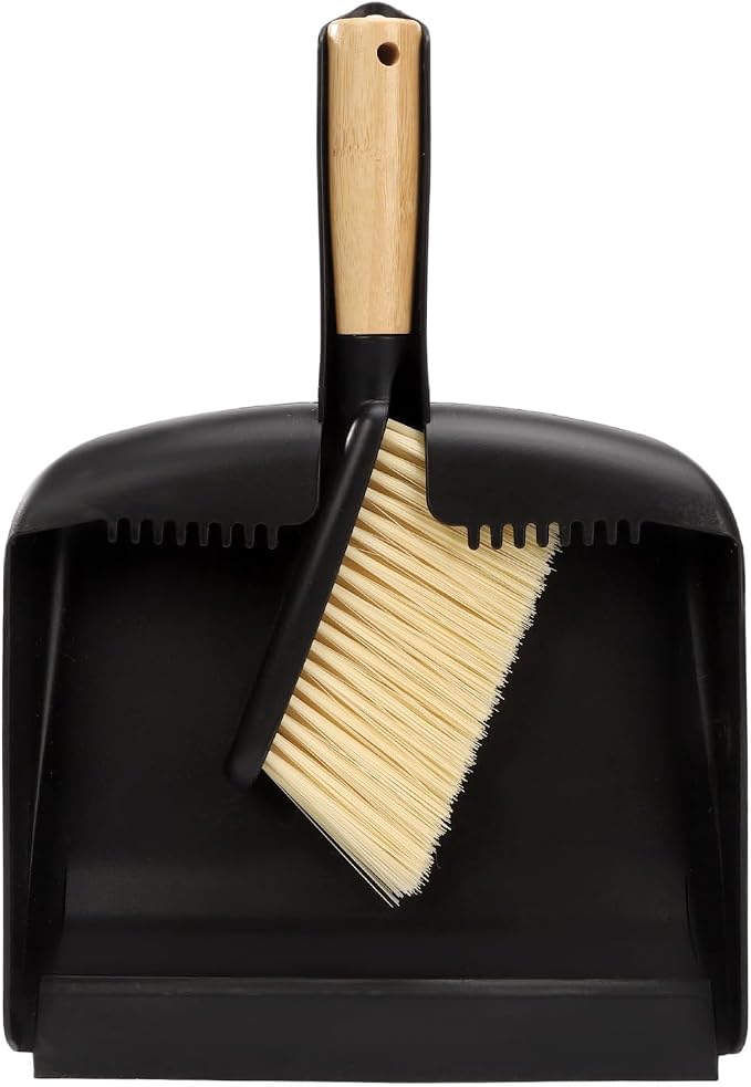 Mini Dustpan and Brush Set with Bamboo Handle, Black, 1 Set | Portable Multipurpose Broom Dustpan Set with Handle Teeth, for Desktops, Bedroom, Kitchen, Pet Care, Camping