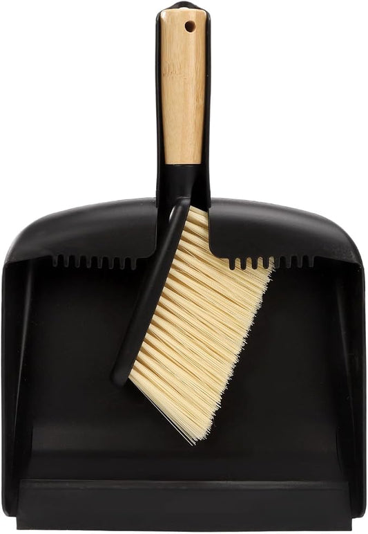 Mini Dustpan and Brush Set with Bamboo Handle, Black, 1 Set | Portable Multipurpose Broom Dustpan Set with Handle Teeth, for Desktops, Bedroom, Kitchen, Pet Care, Camping