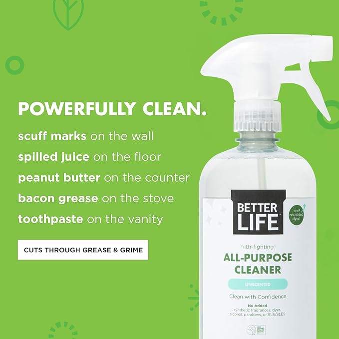 Better Life All Purpose Cleaner - Multipurpose Plant Based Home and Kitchen Cleaning Spray for Glass, Countertops, Appliances, Upholstery & More - Multi-surface Spray Cleaner - 24oz Unscented