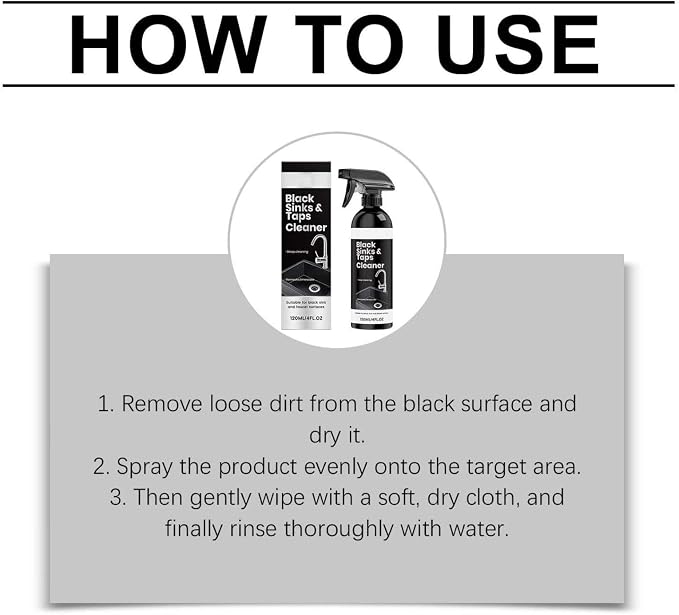 Premium Black Sink and Tap Cleaner Spray (120ml), Hard Water Stain & Limescale Remover for Matte Black Bathroom Faucets and Hardware, Gentle Descaler and Soap Scum Cleaner, Low Odor