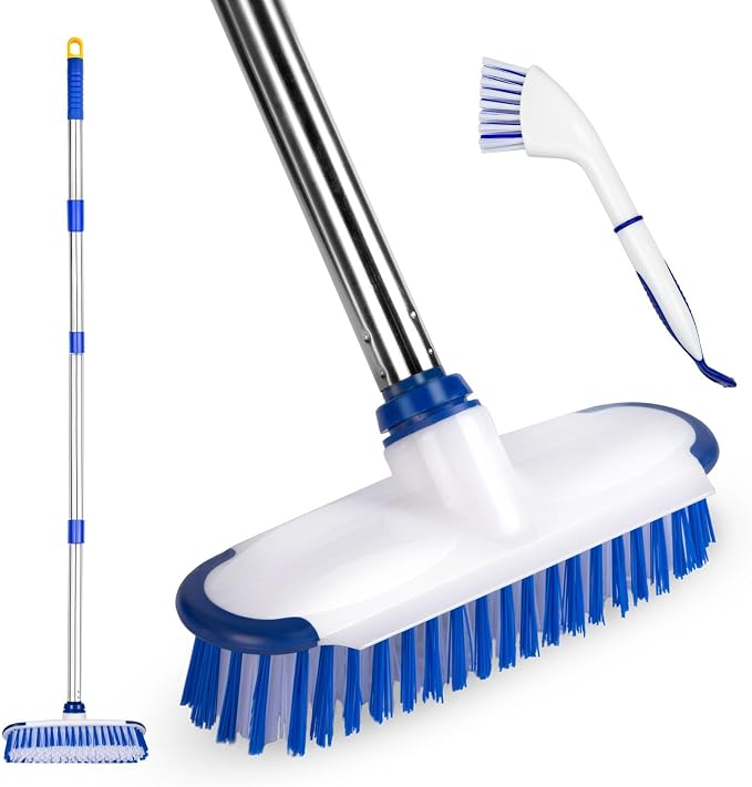 Floor Scrub Brush with Long Handle, 2 in 1 Deck Scrub Brush, Stiff Bristle Scrub Broom & Cleaning Brush for Tile Floor,Deck,Patio,Marble,Garage,Wall, Kitchen,Bathroom
