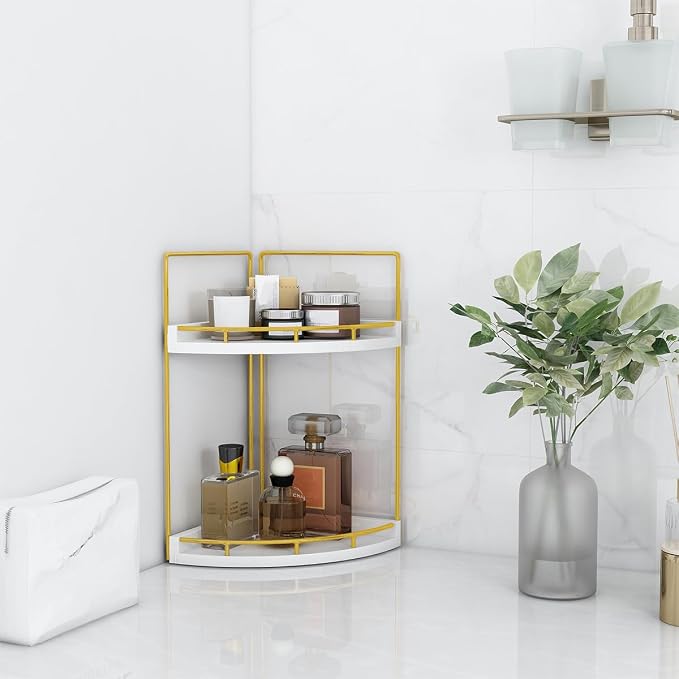 Dorhors 2-Tier Bathroom Counter Organizer,Vanity Counter Corner Shelf, Skincare, Wood Countertop Bathroom Storage and Organization for Kitchen (Gold)