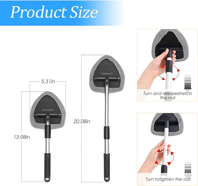 Extendable Car Windshield Cleaning Tool with Microfiber Pads, Gray | reusable glass-wiper design, interior and exterior window use, fits most cars, SUVs, and trucks, automotive cleaning tools
