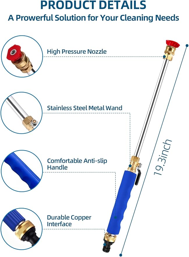 Jet Nozzle Wand with 3 Tips & Quick Connectors,for Garden & Auto | Rust-proof aluminum,Non-slip grip,3 spray patterns,Fits standard hoses,Quick connect for Car/Patio/Garden/Gutter cleaning