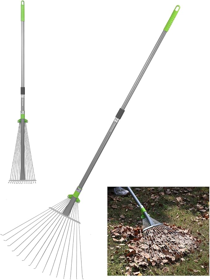 WORKPRO Adjustable Garden Leaf Rake, Heavy Duty Metal Lawn Rake with Extendable Handle 32"–63", Collapsible Rake Head 7.5"–20", Telescopic Yard Rake for Leaves, Grass, Pine Needles & Garden Cleanup