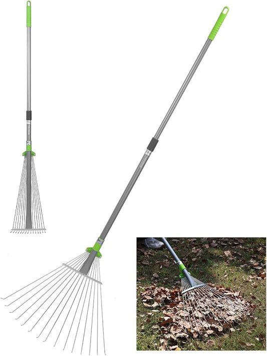 WORKPRO Adjustable Garden Leaf Rake, Heavy Duty Metal Lawn Rake with Extendable Handle 32"–63", Collapsible Rake Head 7.5"–20", Telescopic Yard Rake for Leaves, Grass, Pine Needles & Garden Cleanup