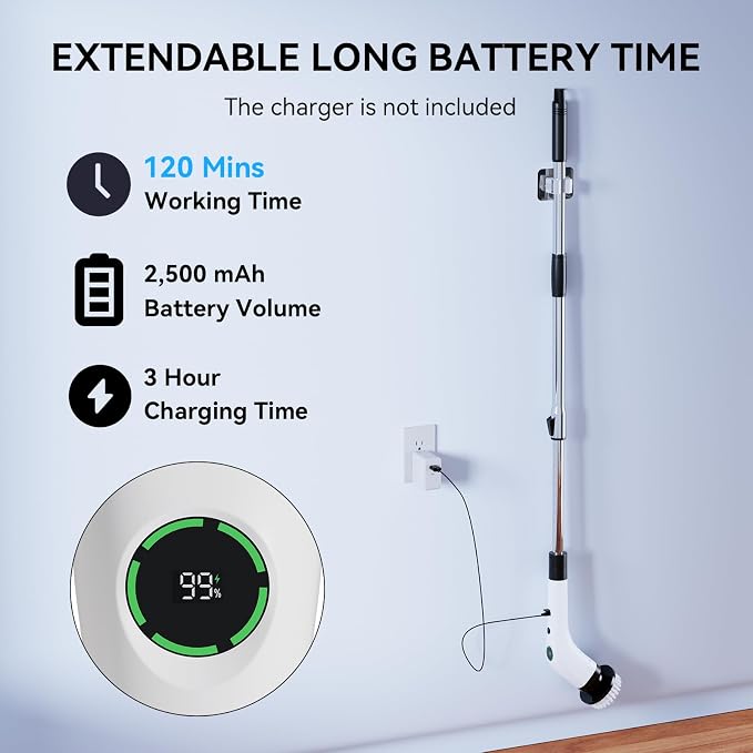 Electric Bathroom Cleaning Brush Cordless Shower Scrubber SD-CTB01 | Spin Scrubber Full Body Waterproof IPX7 with Adjustable Handle, 8 Replaceable Brush Heads for Bathtub/Kitchen/Window/Home