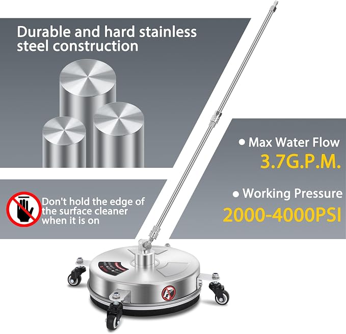 Dalmbox 14" Pressure Washer Surface Cleaner with 4 Wheels, 1/4" Quick Plug, Stainless Steel Housing, 4000 PSI, Pressure Washer Surface Cleaner Attachment for Patio, Courtyard, Concrete, Sidewalks