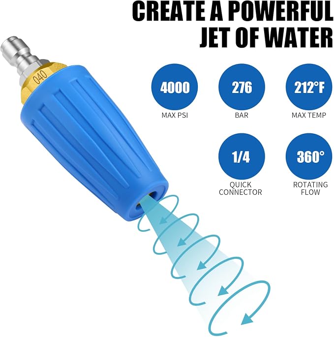 4000 PSI Blue Turbo Nozzle Pressure Washer with 7 Tips | 1/4 inch quick connect tips with 0, 15, 25, 40 and 65 degree, rinse and soap nozzles for car, concrete, driveways and brick.
