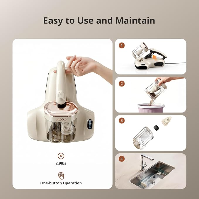 JIGOO Mattress Vacuum Cleaner UV Sanitizing, Anti-allergen Bed Cleaner with 12Kpa Suction, Handheld Vacuums for Dust & Pet Hair, Effectively Clean Up Bed, Pillows, Cloth Sofas, Carpets