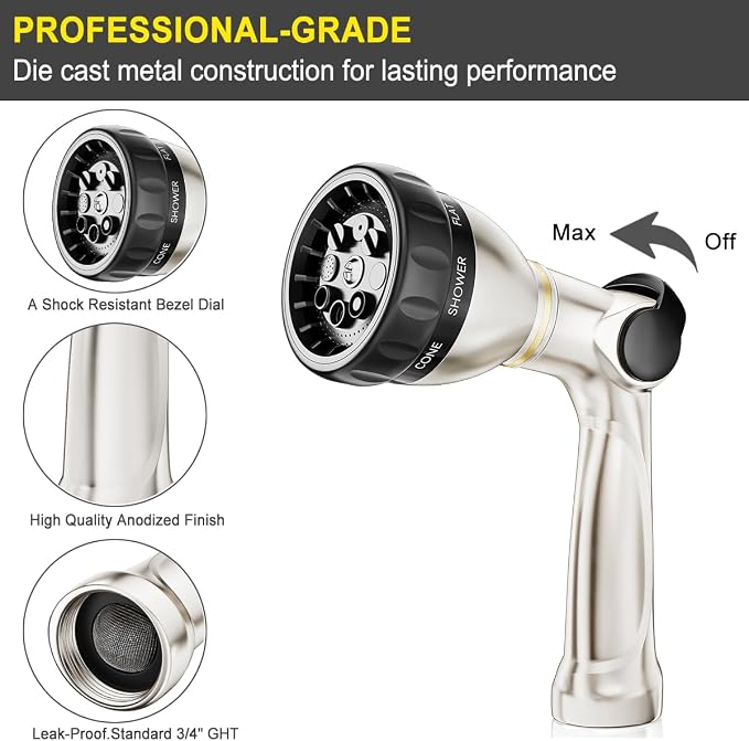 FANHAO Metal Thumb Control Garden Hose Nozzle Heavy Duty, 8 Spray Patterns | Rustproof Zinc Alloy Water Hose Sprayer High Pressure, Non-Slip Ergonomic Grip for Lawn & Plant Watering, Car & Pet Washing