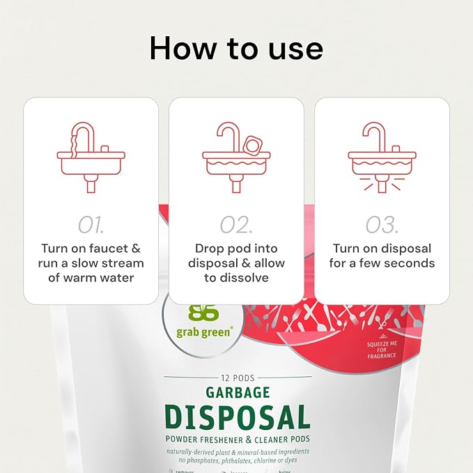 Grab Green Garbage Disposal Cleaner, 12 Pods, Tangerine Lemongrass | Freshens garbage disposals; Plant & Mineral-Based; Removes Odors; Loosens Grime; Helps prevent clogs