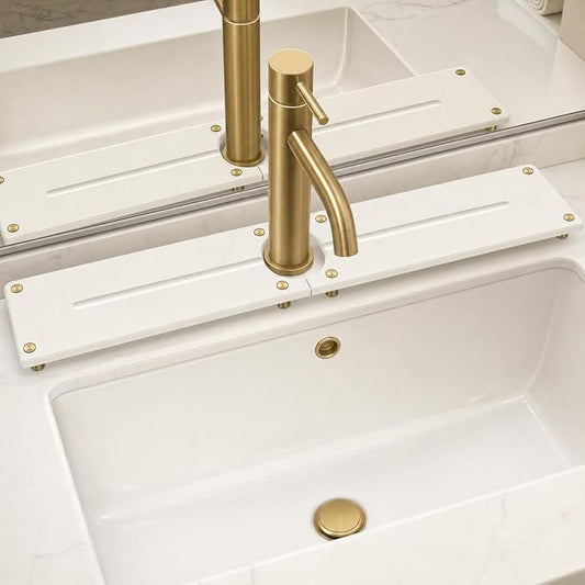 2PCS Stone Faucet Mat for Kitchen Sink, Water Absorbing Sink Tray Organizer for Bathroom Counter, Diatomite Soap Dish Coaster Caddy Riser, Sponge Holder Dispenser Mat, Gold White 23.6" x 4", 1 Set