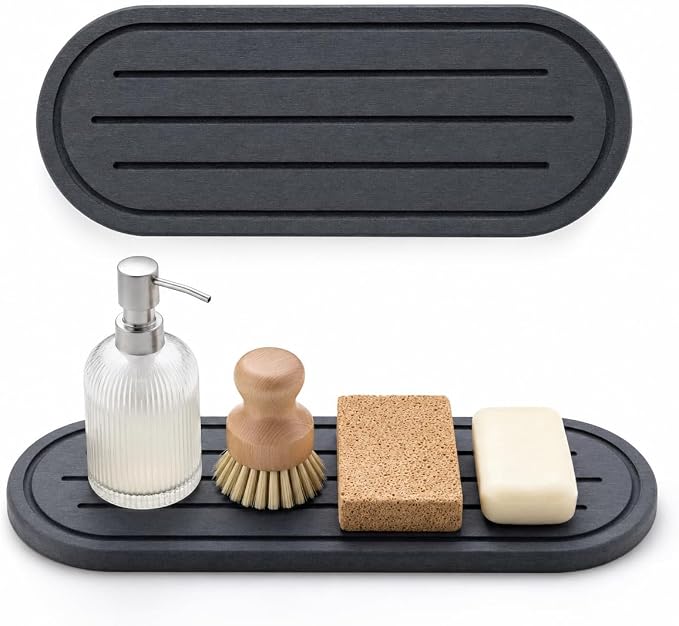 Razborci 2PCS Water Absorbing Stone Drying Tray Mat for Bathroom Sink & Kitchen Counter Faucet Organizer Decor, Quick Dry Dish Soap Dispenser Sponge Holder, Vanity Caddy Coaster,Dark Gray -10"*3.8"