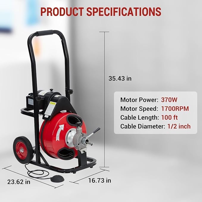 100Ft x 1/2 Inch Electric Drain Cleaner Machine, 370W Auto-Feed Sewer Snake Auger with 8 Interchangeable Cutter Heads & Foot Pedal – Heavy Duty Portable Drain Cleaning Tool for 1–4 Inch Pipes