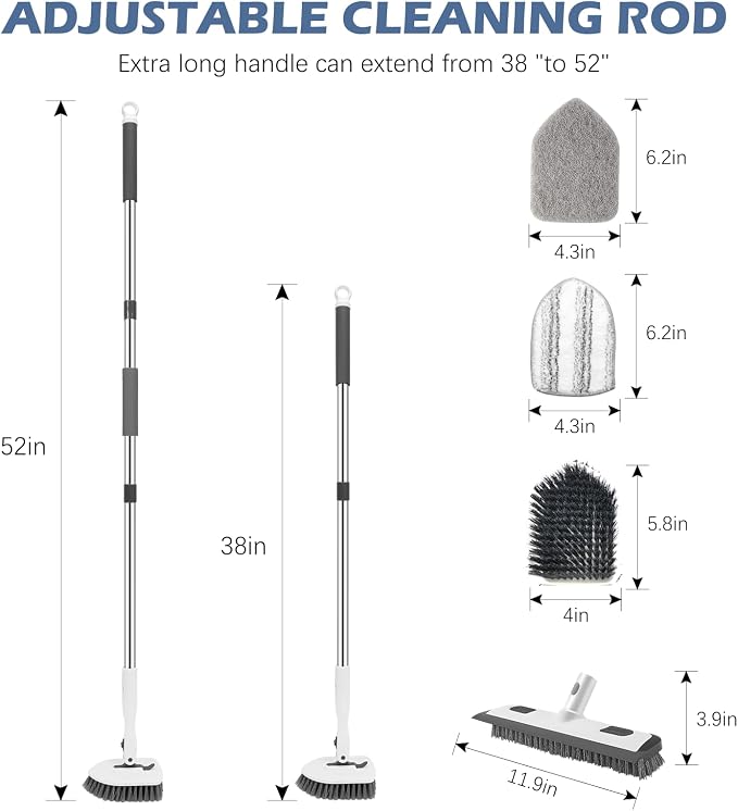 SetSail 4-in-1 Tile Tub Floor Scrubber with Floor Scrub Brush, White Grey | with 3 Detachable Replacement Brush Head, Multi-Angle Cleaning Locks at 45°, 90°, 180° for Bathroom Kitchen Walls Tub Tile