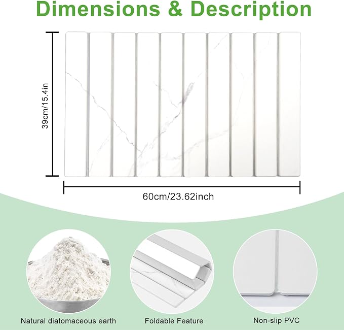 Large Stone Drying Mat for Kitchen Counter - 24"x16"Quick Drying Fast Absorbent Non-Slip kitchen Dish Drying Mats, Friendly Foldable Diatomaceous Earth Mats for Dishes Cups,Match Any Countertop