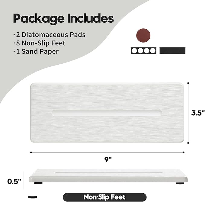 2 Pack Diatomite Stone Sink Tray, Water Absorbing Mat for Kitchen & Bathroom Counter, Quick Dry Soap Dish Makeup Vanity Caddy,Sponge Holder Organizer, White - 2pcs of 9"x 3.5"