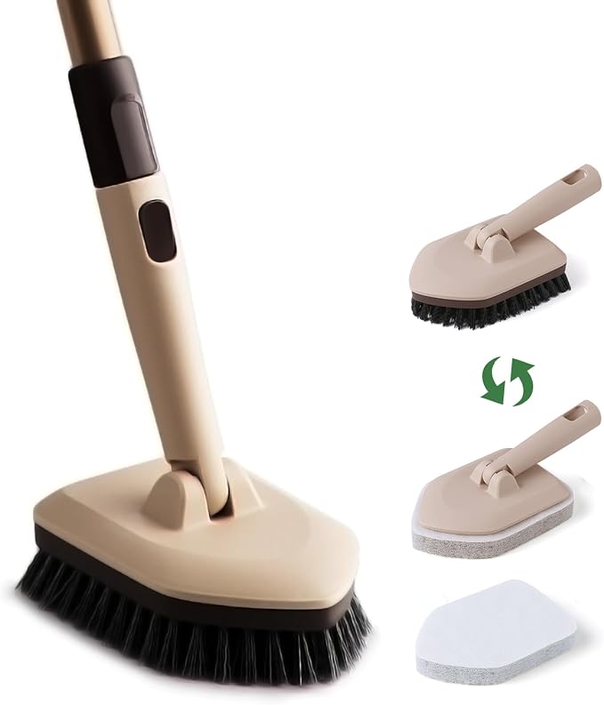 Eyliden Shower Scrubber with Long Handle, 2 Type Head, Tile Tub Scrub Brush | 49" Handle, 2 Different Function Cleaning - 1 Stiff Bristle + 2 Non-Scratch Pads, for Bathroom Grout Sink Glass Kitchen Floor