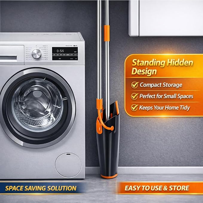 Broom and Dustpan Set with Long Handle, Upright Standing Self-Cleaning Combo, Windproof Dustpan with 6 Bonus Cleaning Tools for Pet Hair, Home, Kitchen, Garage & Apartment