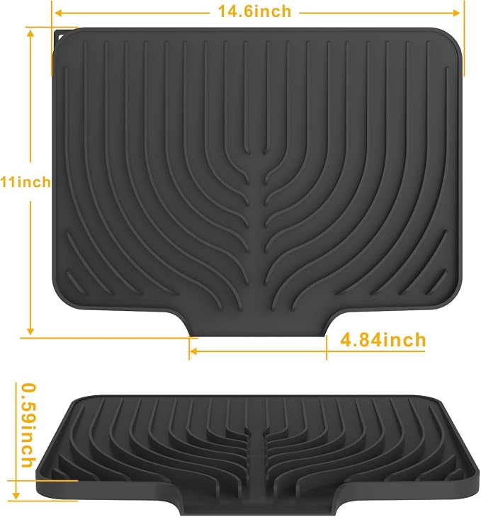 Kitchen Counter Dish Drying Mat, 14.6"x11" Dish Drying Rack(black) | Various Sizes & Colors,Steep-Slope Built in Drain,High-fin Ventilation,Food-grade Silicone,500F heat resistant,for Flat sinks