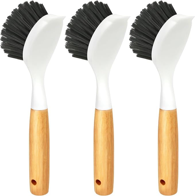 Holikme 3 Pack Cast Iron Brush and Scraper with Bamboo Handle – Skillet Scrubber with Tough Nylon Bristles, Kitchen Cleaner for Cleaning Skillet, Grill Pan, Black