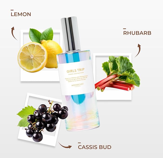 Moodcast Girls Trip Luxury Room and Linen Spray – Air Freshener & Room Spray for Bedding Fabric & Home – Lemon, Rhubarb & Cassis Bud, Clean Fragrance, Paraben Free, Sulfate Free – 3.4oz